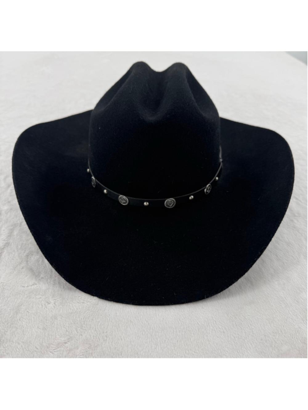 Black Wool Cowboy Hat Resistol Leather Strap Silver Heart Studs Sz 6 7/8 Western